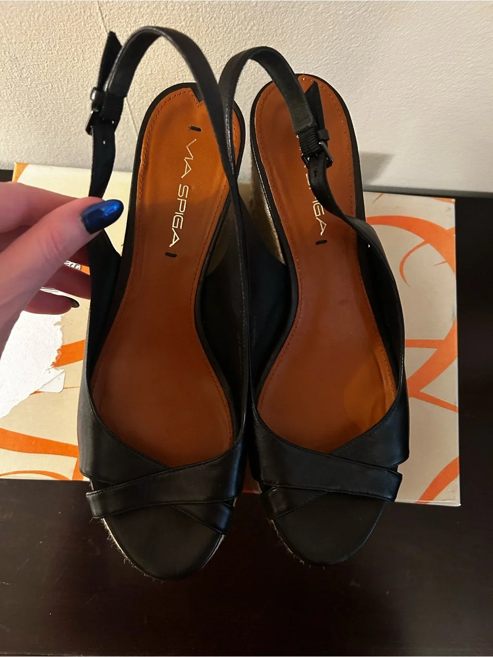 Via Spiga Black Leather Platform Espadrille Wedge Sandal, 8.5, Like NWT
